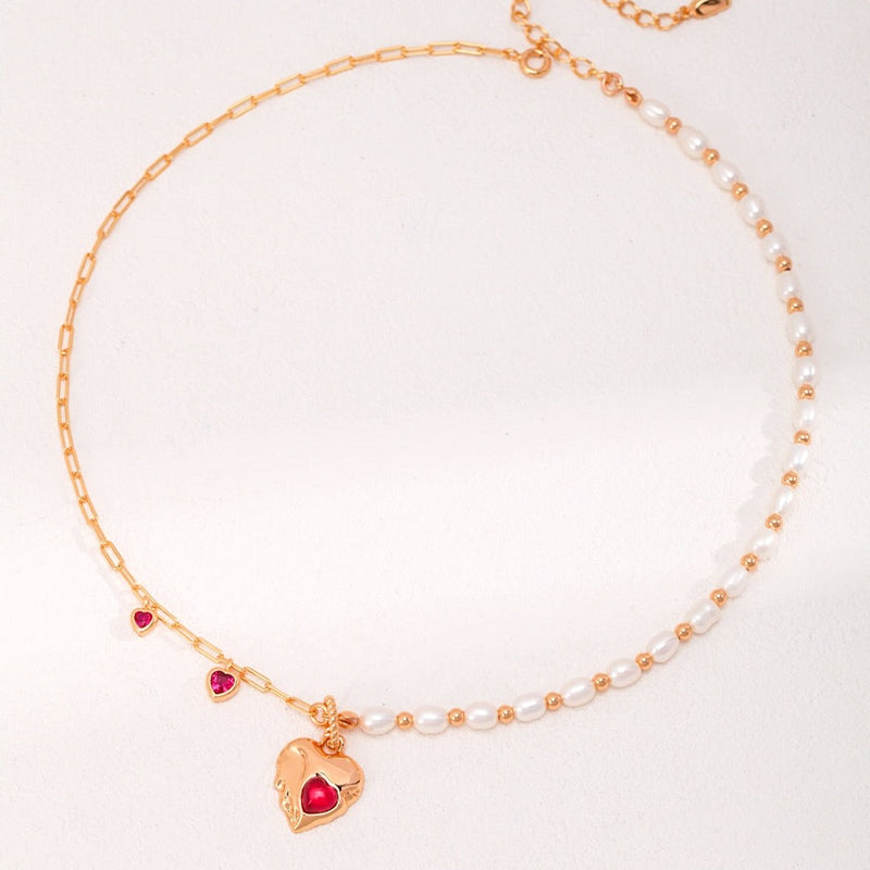Birthstone Necklace with Red Agate and Real Pearls | EWOOXY