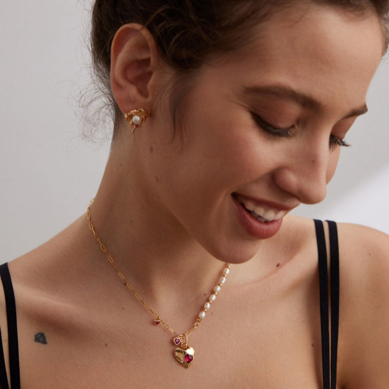 Birthstone Necklace with Red Agate and Real Pearls | EWOOXY