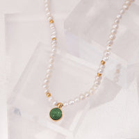 Birthstone Necklace with Aquatic Agate, Pearl Necklace | EWOOXY