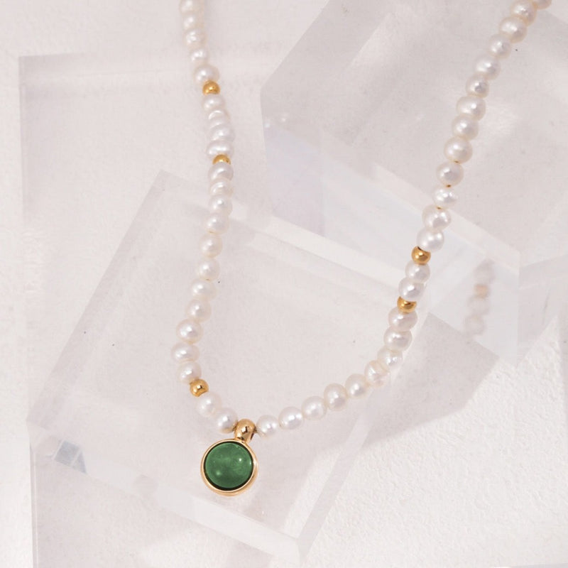 Birthstone Necklace with Aquatic Agate, Pearl Necklace | EWOOXY