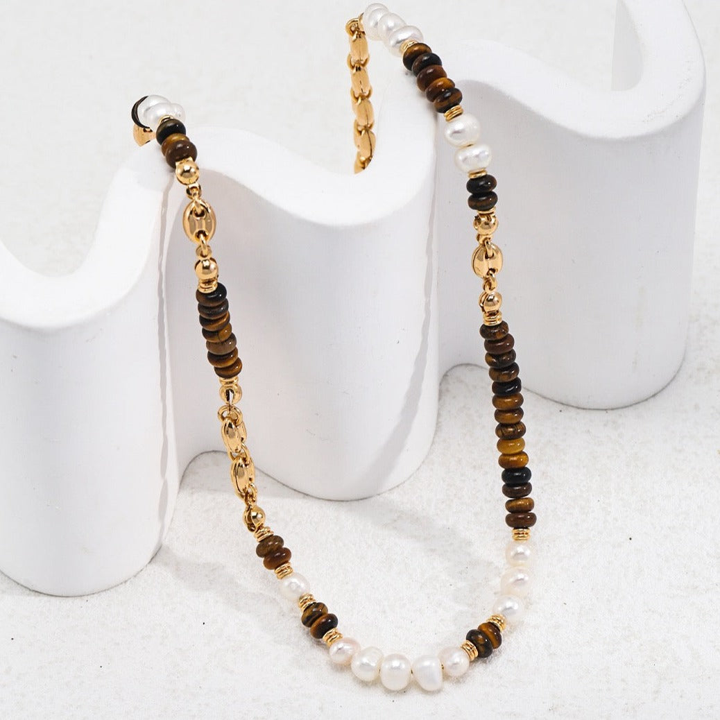 Birthstone Necklace with Tiger's Eye Stone, Real Pearl Necklace for Women | EWOOXY